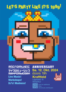 25 Jahre Micromusic, Sputnik Booster, GeEm, GoTo80, Cyanide Dansen, Dj Lektrogirl, Workshops/Präsentationen: Ascii/ Textmode / Chocolate Olympics / Atari Chipmusic / Ted talk über Scooter etc… / Gameboy Fotostudio